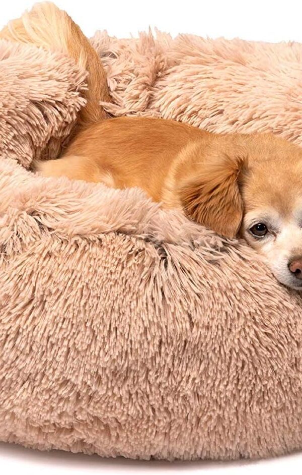 Friends Forever Donut Dog Bed – Calming Faux Fur Pet Bed, 23” Tan